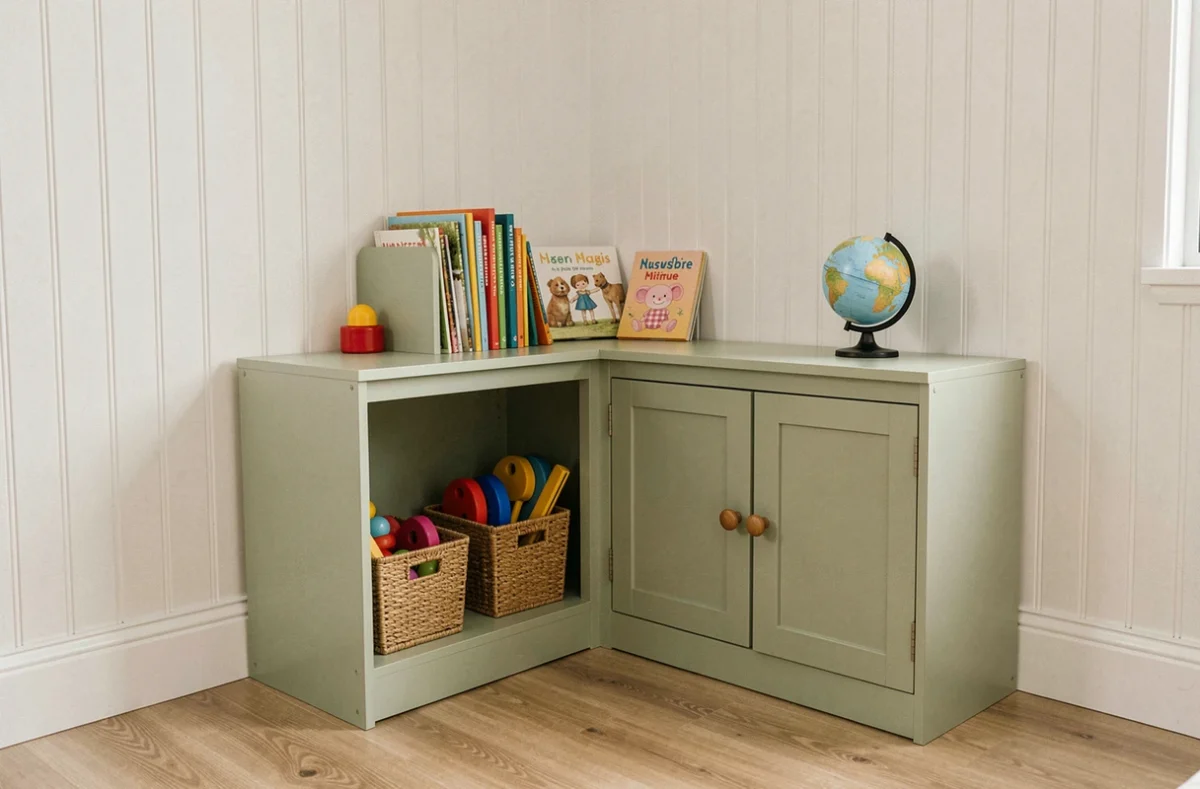Meuble d'angle vert sauge dans une chambre d'enfant avec rangements pratiques et jouets colorés