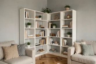 Meuble d'angle blanc moderne avec étagères dans un salon cosy optimisant l'espace d'un coin de pièce