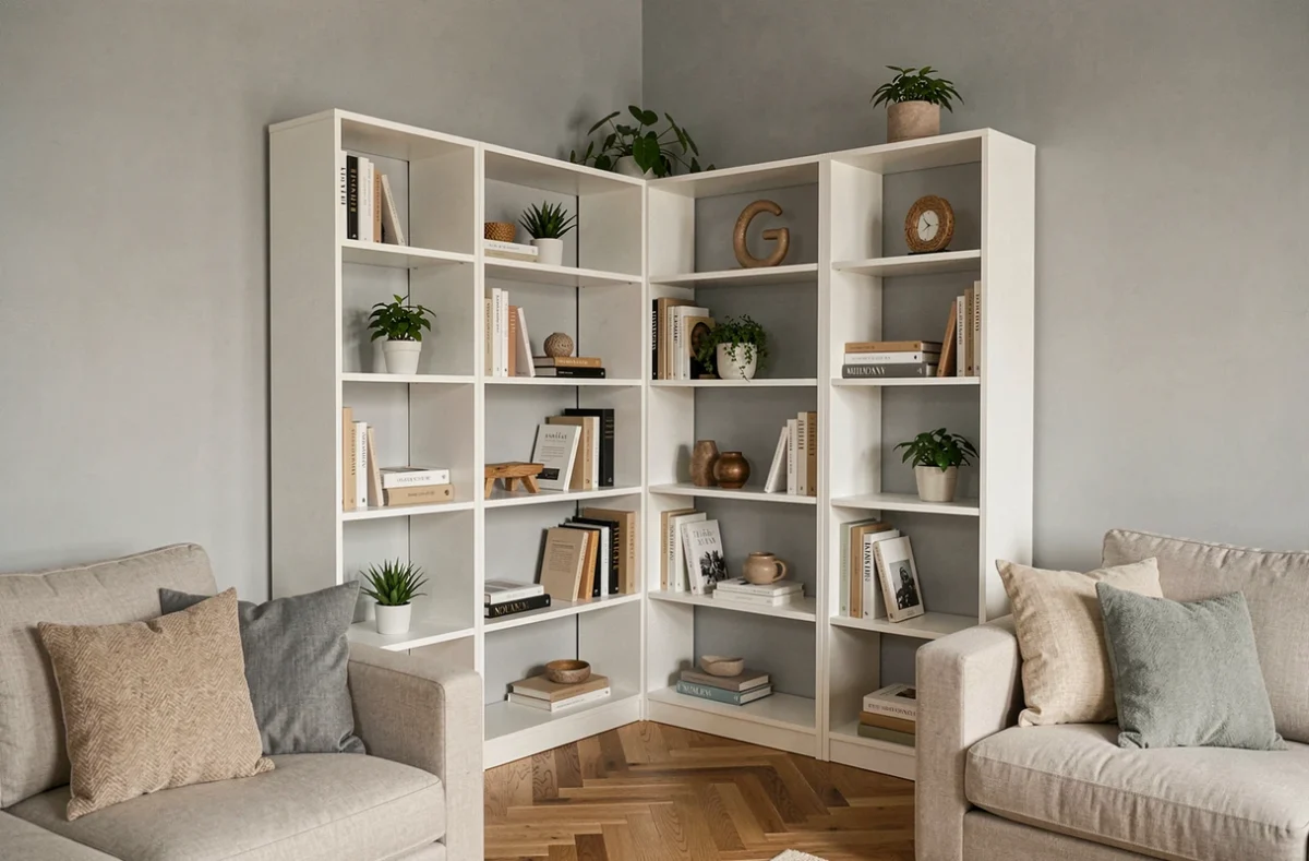 Meuble d'angle blanc moderne avec étagères dans un salon cosy optimisant l'espace d'un coin de pièce