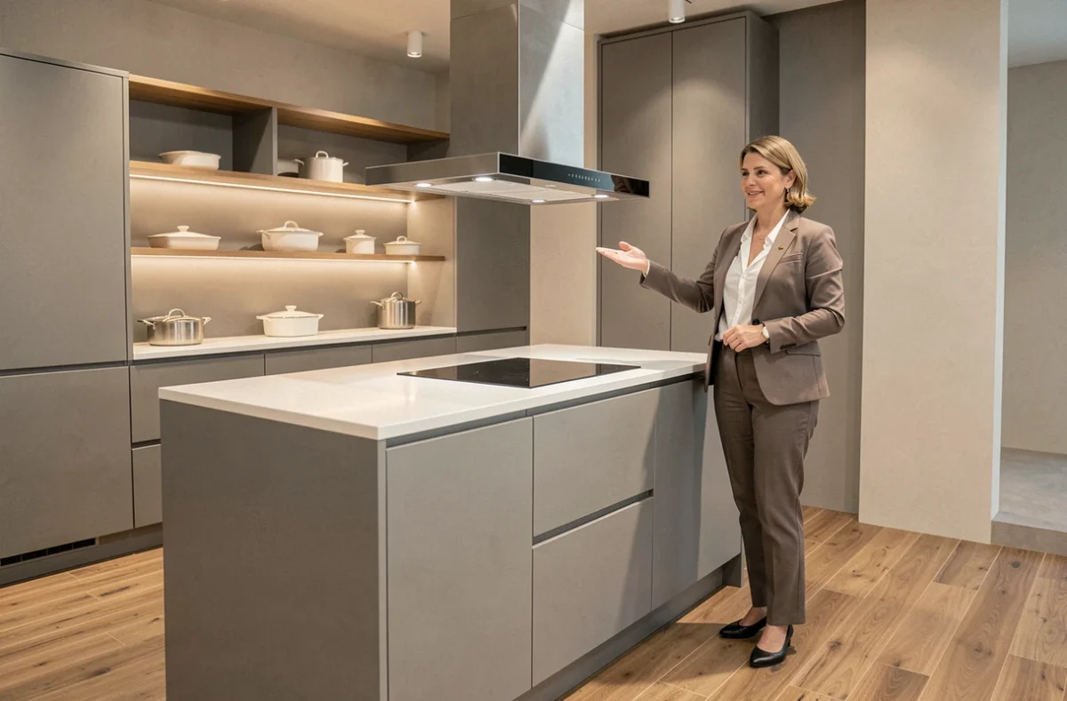 Consultante Mobalpa Lyon montrant une cuisine grise mate avec plans de travail blancs