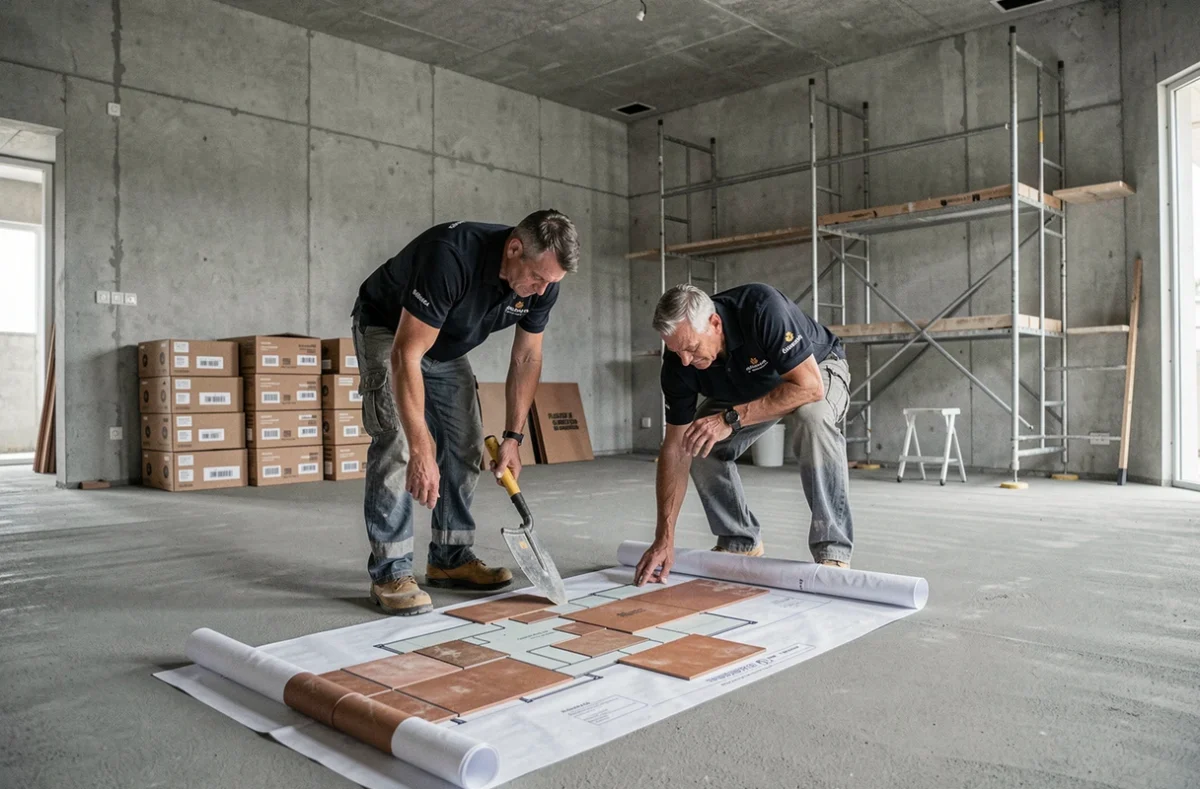 Équipe de MTC Renovation consultant un plan de pose de carrelage dans un salon en cours de rénovation