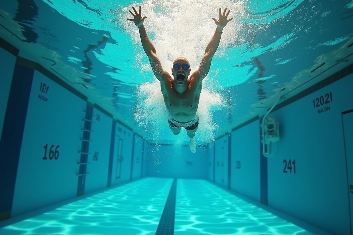 Nageur professionnel sautant dans la piscine vue de dessous