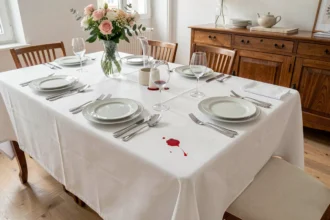 Nappe blanche infroissable et anti-tache sur une table de salle à manger moderne avec une goutte de vin rouge qui perle sur le tissu