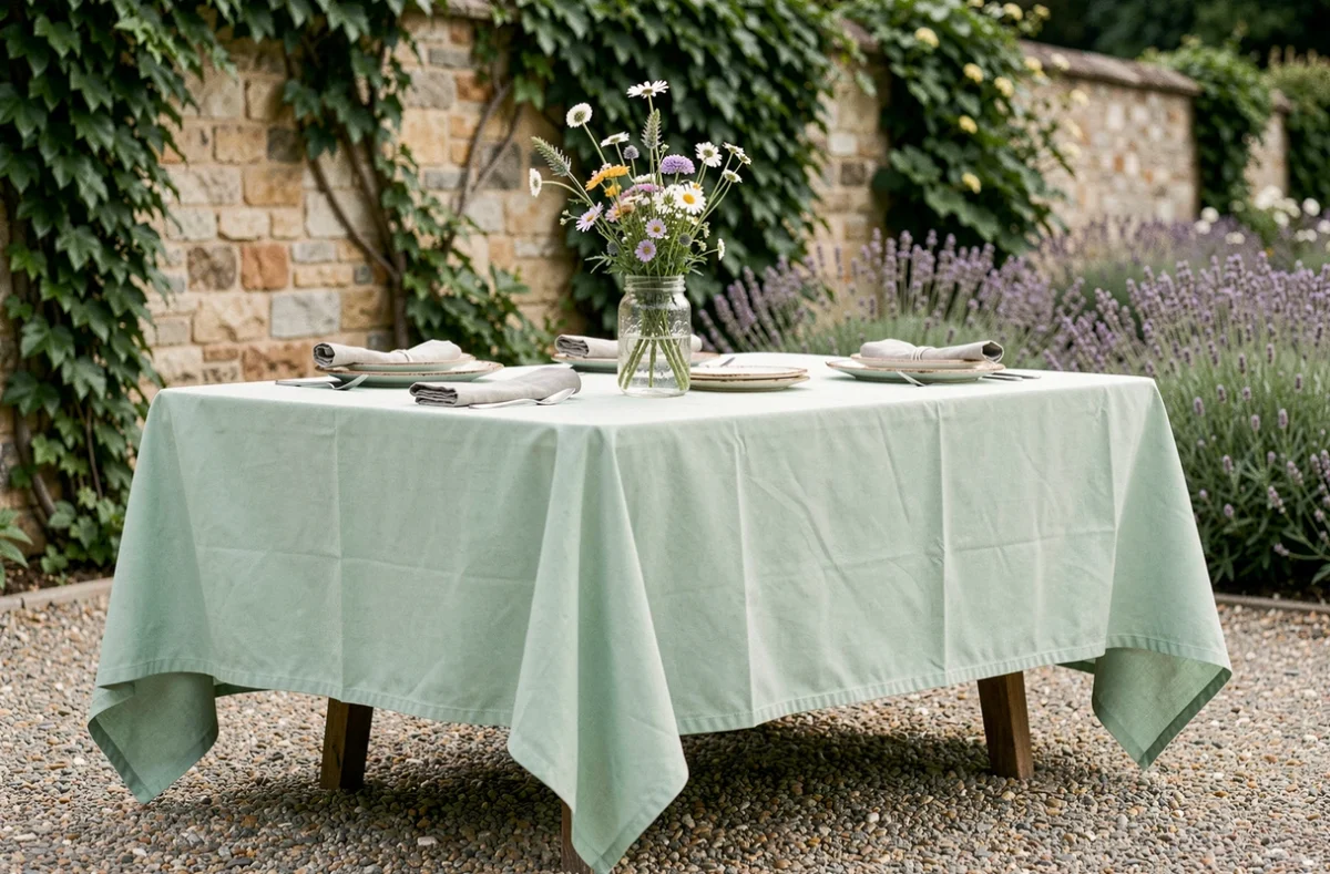 Table de jardin dressée avec une nappe anti-tache infroissable verte dans un jardin français en été