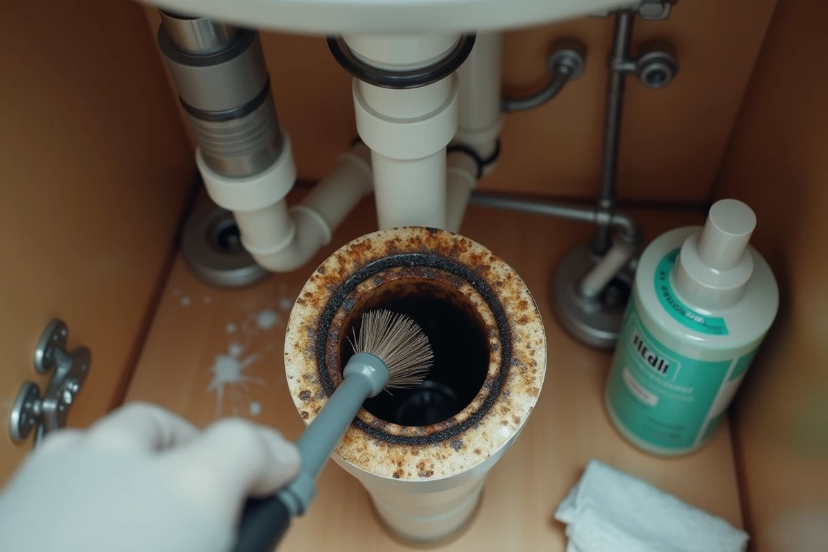 Nettoyage du biofilm dans une canalisation de salle de bain avec une brosse flexible pour prévenir les mouches à drains