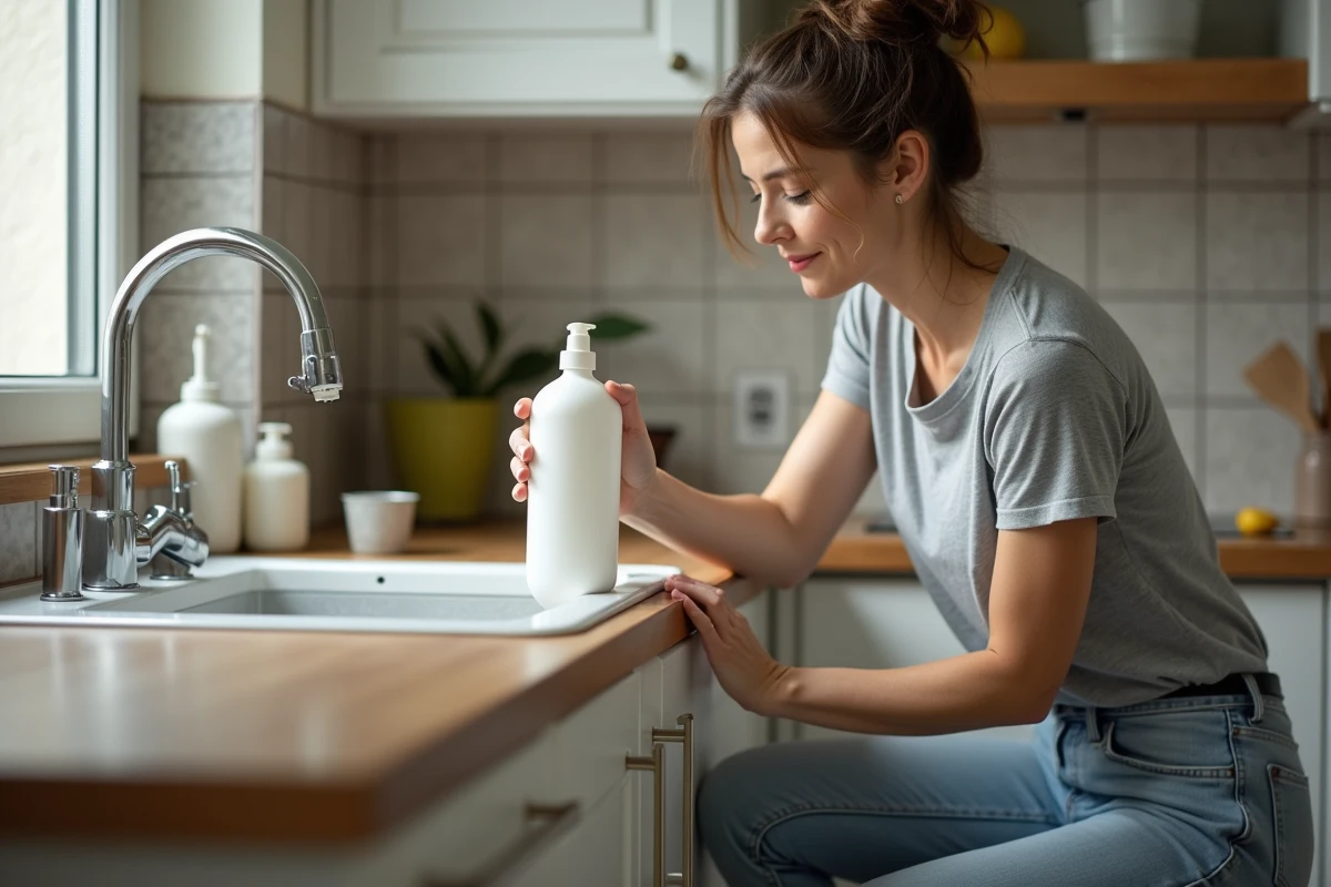 Femme versant une solution nettoyante dans un siphon de cuisine pour éliminer les mouches à drains