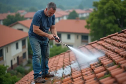 Homme moyenâgeux nettoyant un toit en tuiles avec un nettoyeur à pression