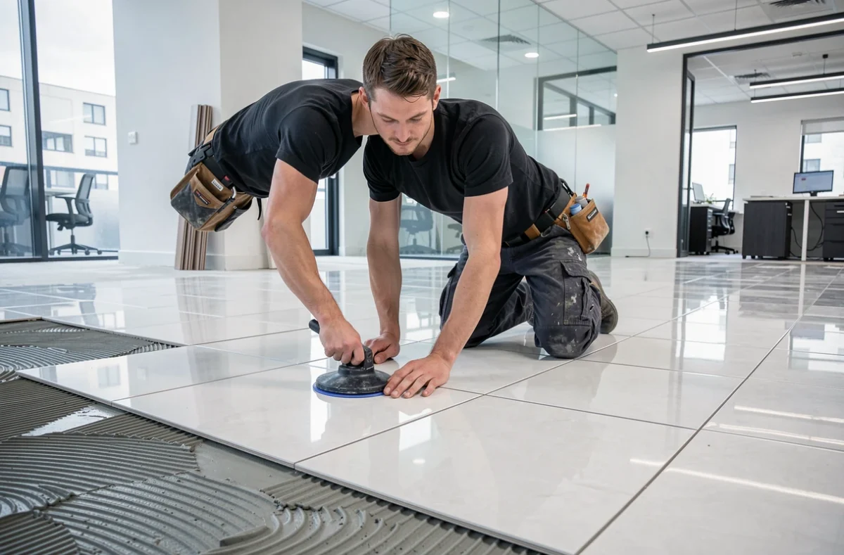 Installateur d'O.T.M posant un grand carreau de grès cérame poli dans un bureau en rénovation avec une ventouse
