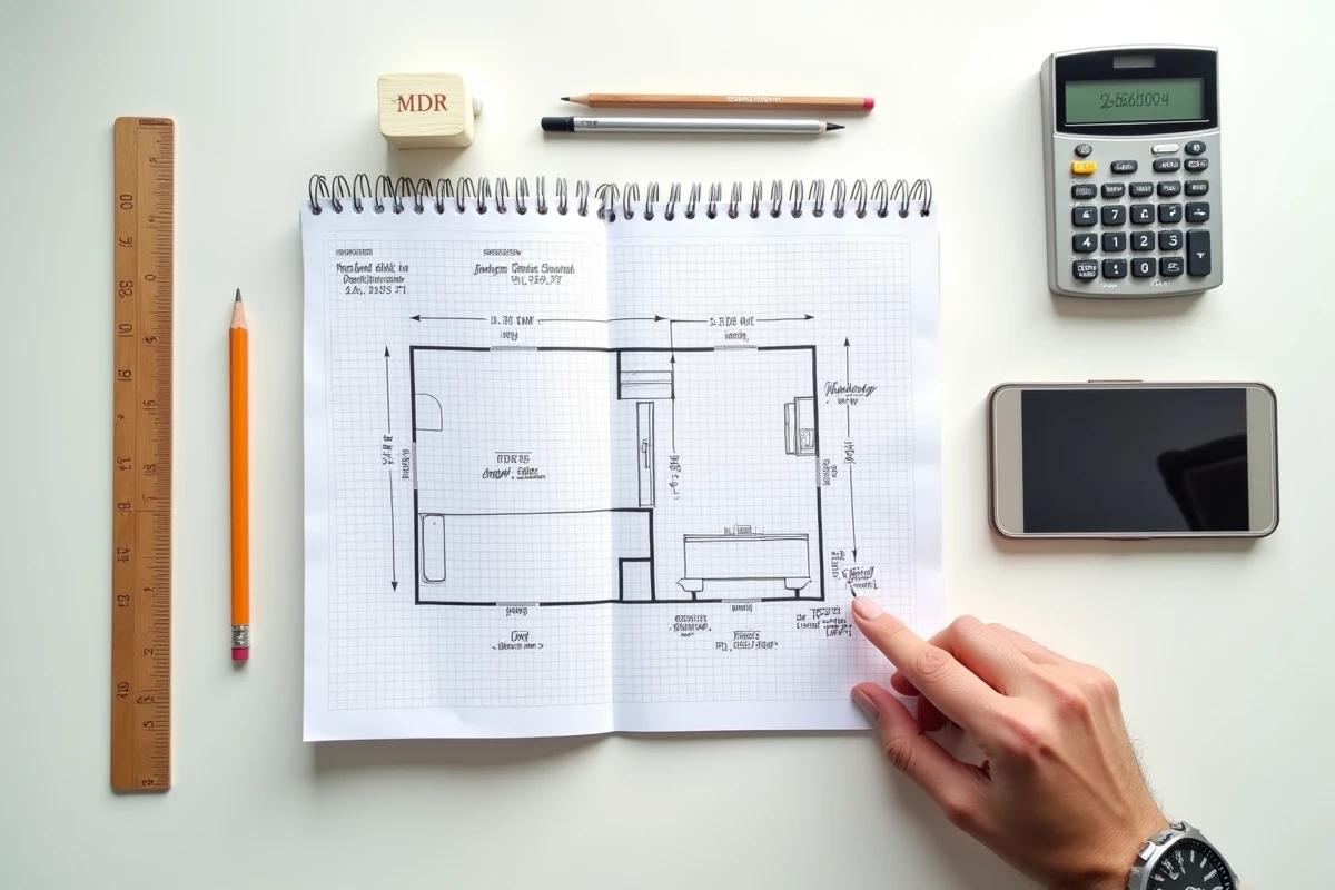 Vue de dessus d'un bureau avec cahier quadrillé, règle et calculatrice pour calculer une superficie en m2