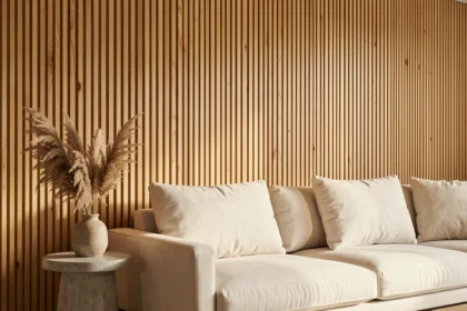 Mur en panneau latte bois chêne naturel dans un salon scandinave minimaliste avec canapé en lin