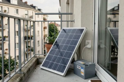 Panneau solaire plug and play avec batterie installé sur un balcon d'appartement urbain relié à une prise électrique intérieure