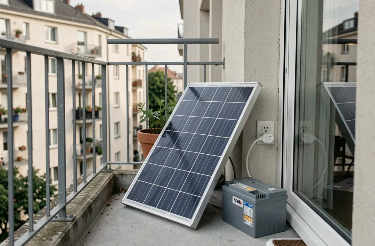 Panneau solaire plug and play avec batterie installé sur un balcon d'appartement urbain relié à une prise électrique intérieure