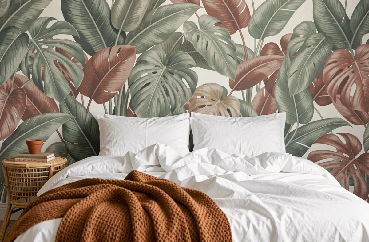 Papier peint panoramique botanique dans une chambre cosy avec literie blanche et décoration naturelle