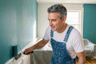Peintre professionnel appliquant une couche de peinture teal sur un mur intérieur