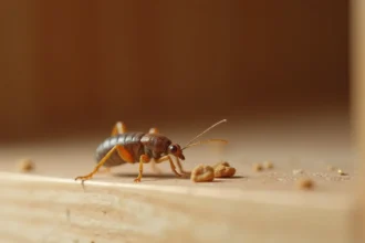 Petite bête marron vue en gros plan sur une étagère en bois à l'intérieur d'un placard de cuisine