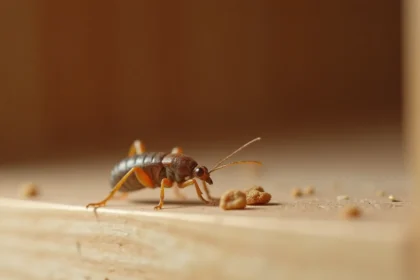 Petite bête marron vue en gros plan sur une étagère en bois à l'intérieur d'un placard de cuisine