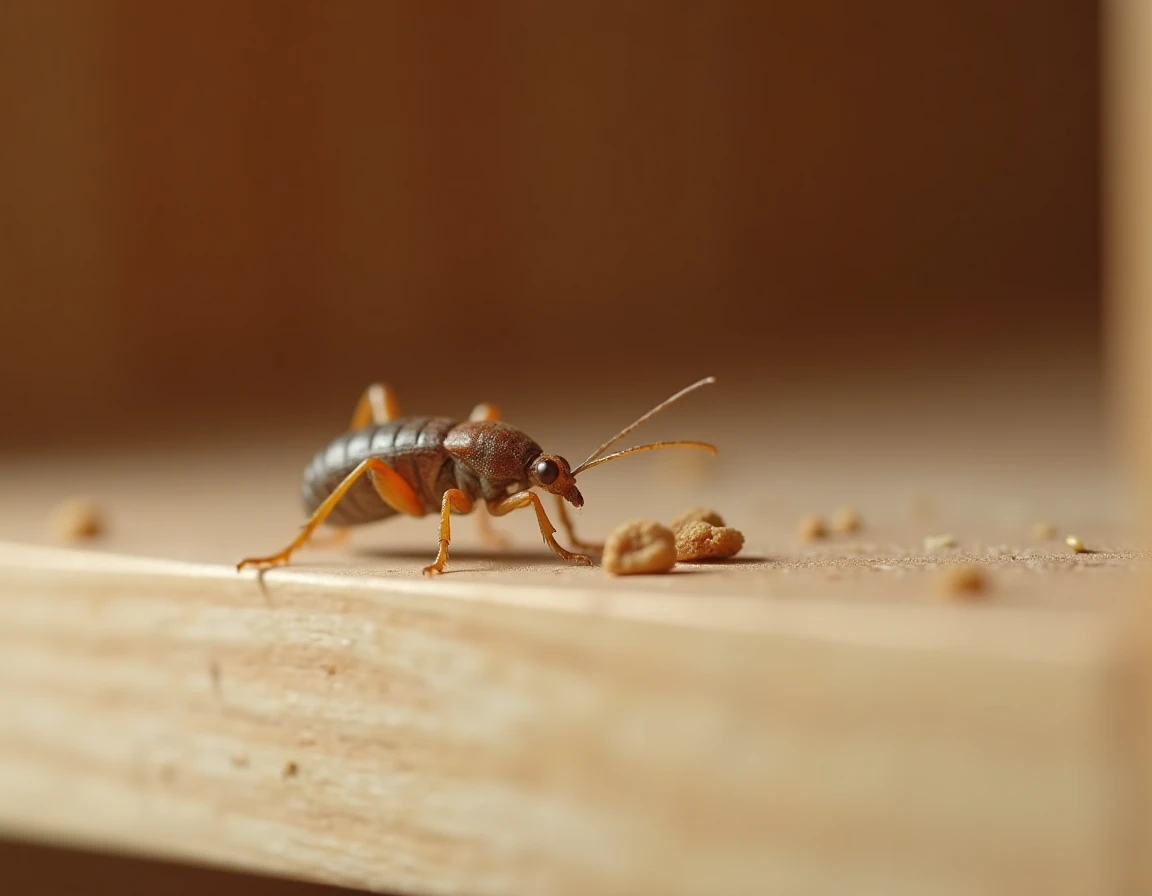 Petite bête marron vue en gros plan sur une étagère en bois à l'intérieur d'un placard de cuisine