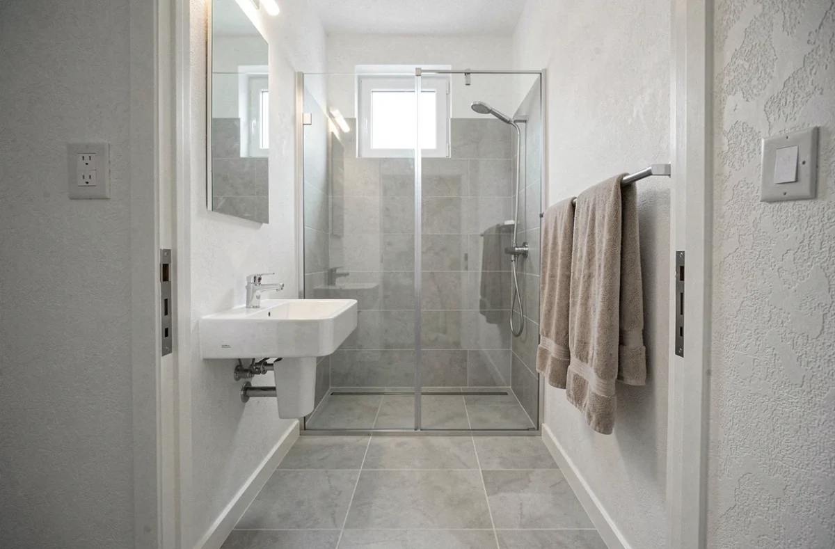 Petite salle de bain moderne de 4 m² avec douche à l'italienne, vasque suspendue et carrelage gris clair illustrant une surface standard