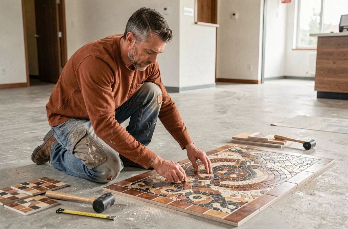 Artisan de Pica Carrelages assemblant un panneau de mosaïque décorative dans un espace commercial