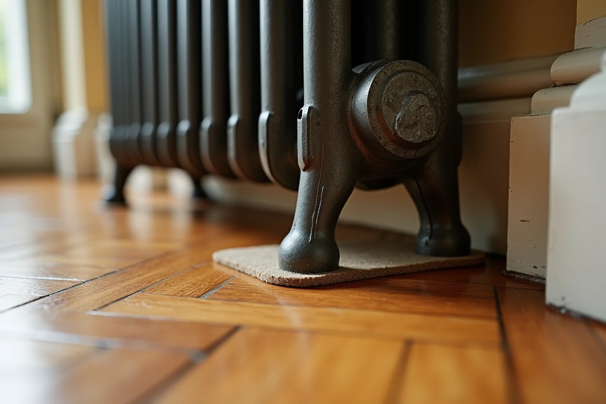 Pied de radiateur en fonte posé sur parquet en chêne avec protection feutre entre métal et bois