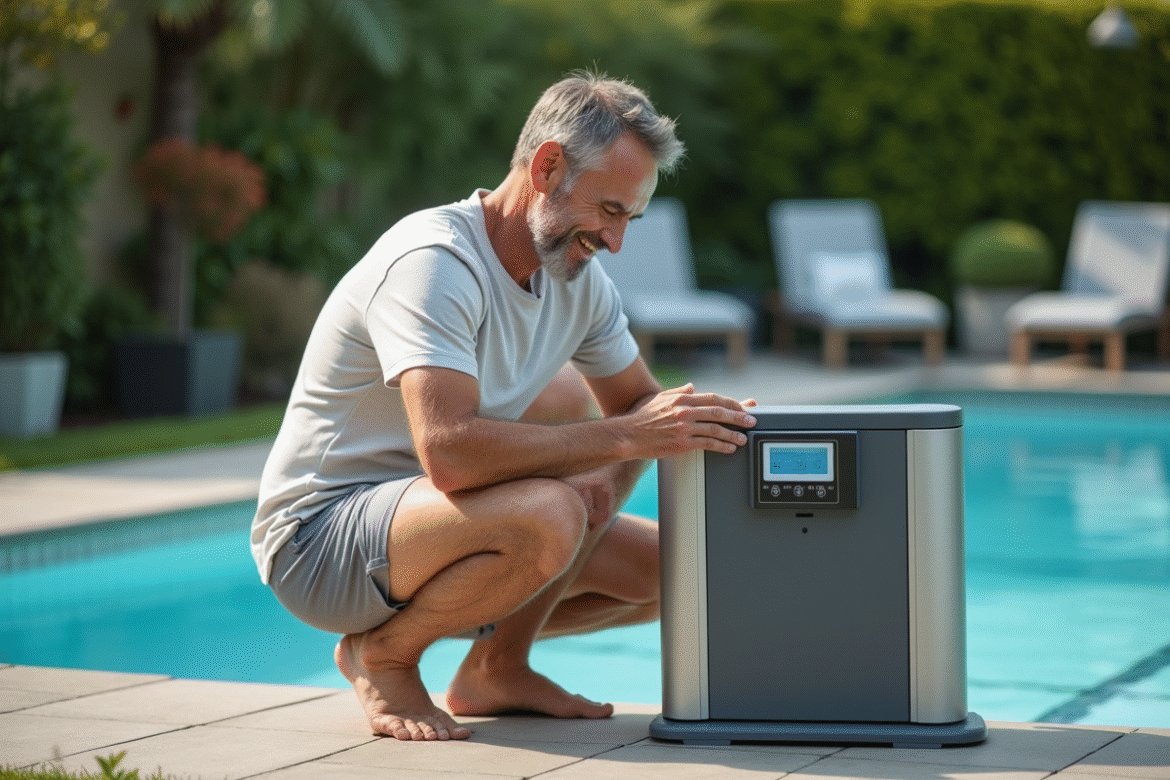 Homme d'âge moyen vérifiant le chauffe-eau de piscine extérieur