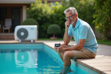 Homme d'âge moyen inspectant une pompe à chaleur piscine