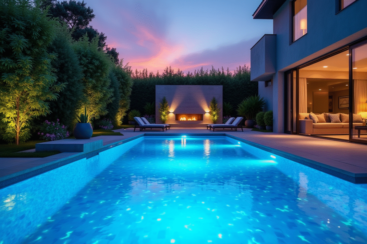 Piscine moderne au coucher du soleil avec lumières LED bleues