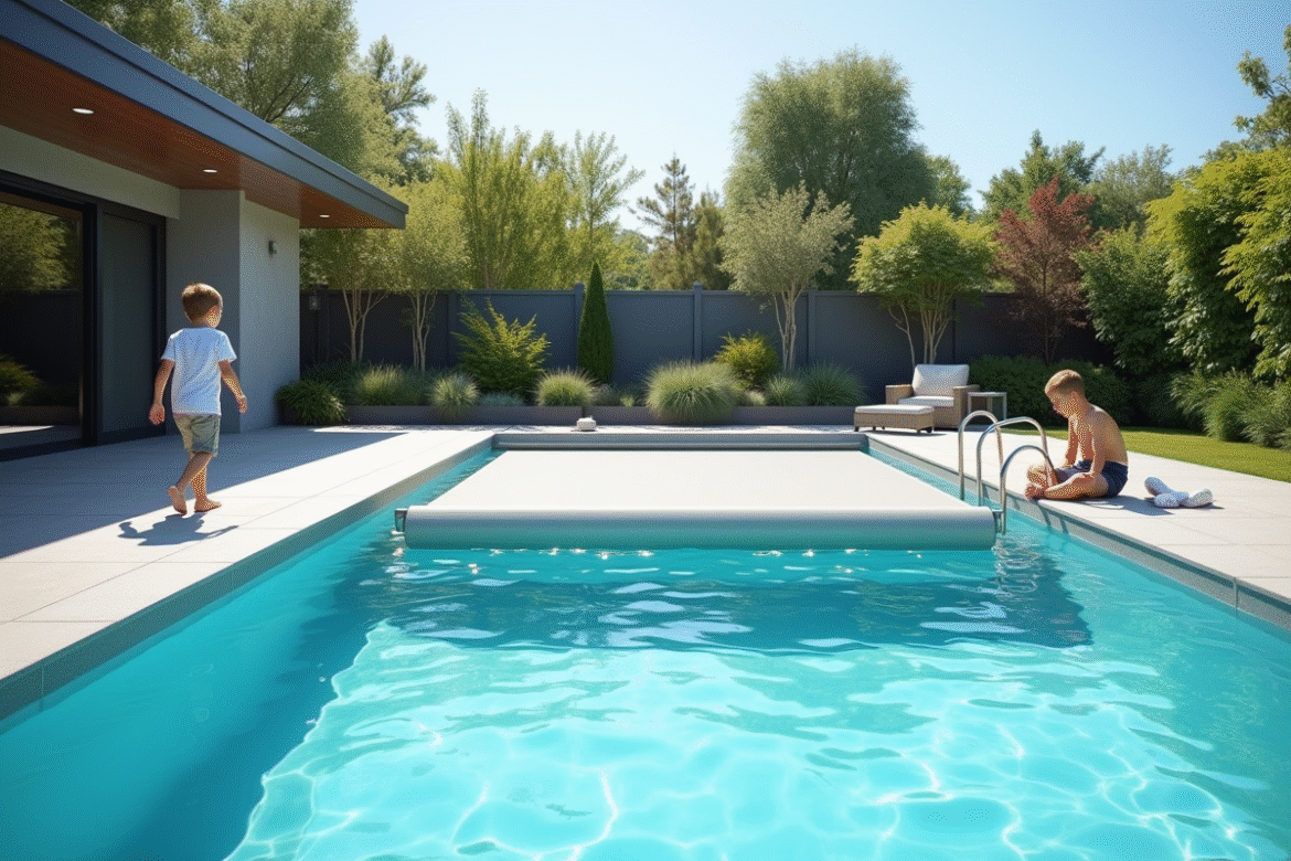 Piscine moderne avec couverture automatique sécurisée et enfants jouant
