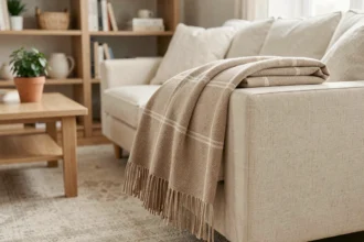 Plaid beige en laine à motif chevron posé sur un canapé moderne en lin crème dans un salon scandinave épuré