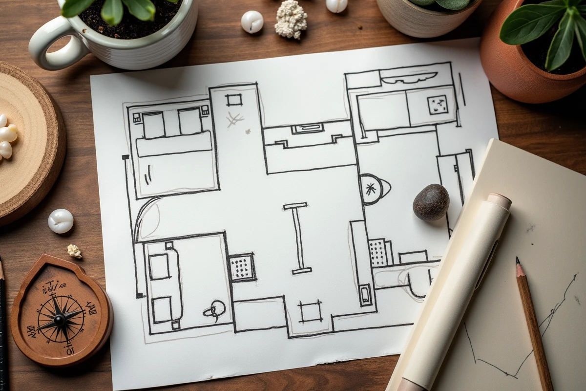 Vue aérienne d'un plan de chambre dessiné à la main avec boussole Feng Shui luo pan et cristaux pour planifier l'orientation du lit