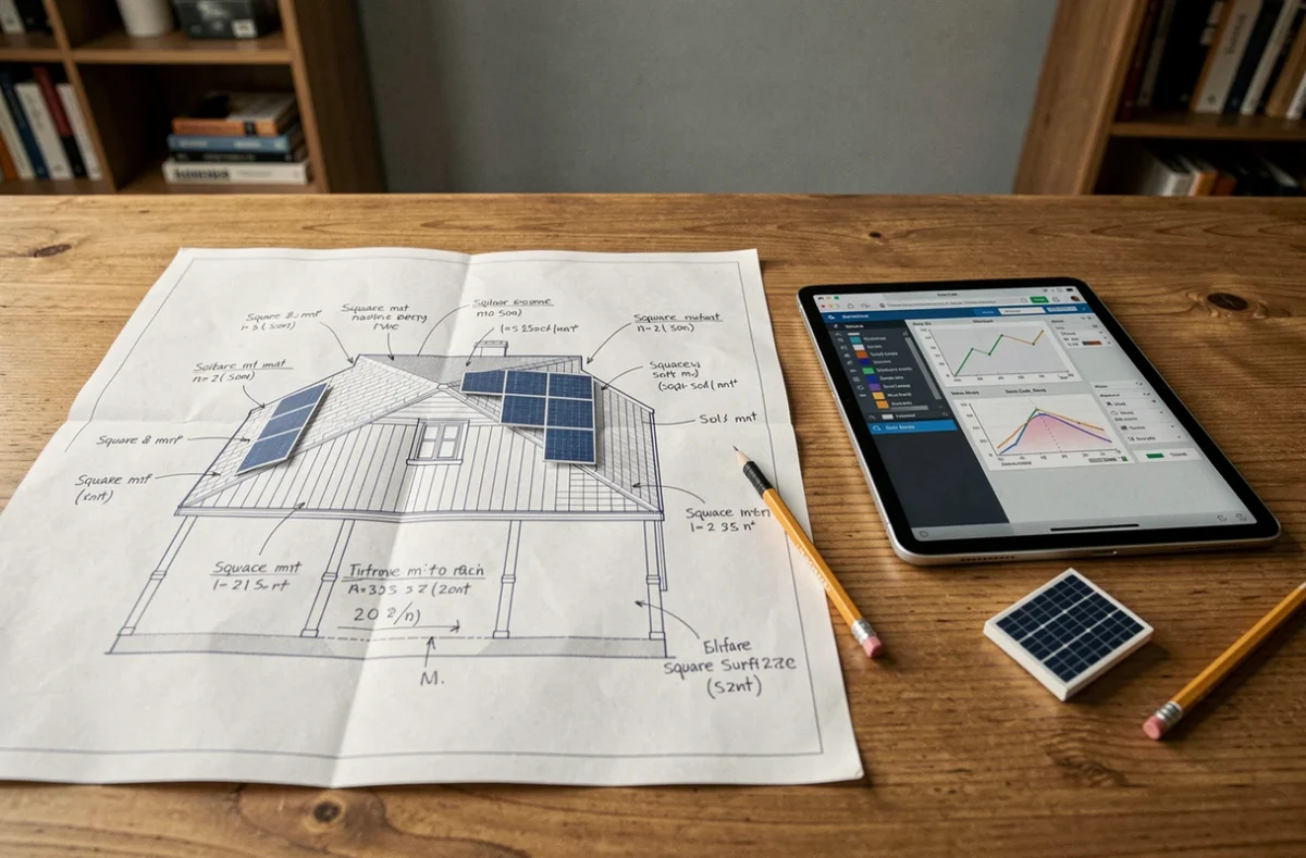 Plans architecturaux annotés pour le calcul de la surface de panneaux solaires nécessaire selon les besoins énergétiques d'un foyer