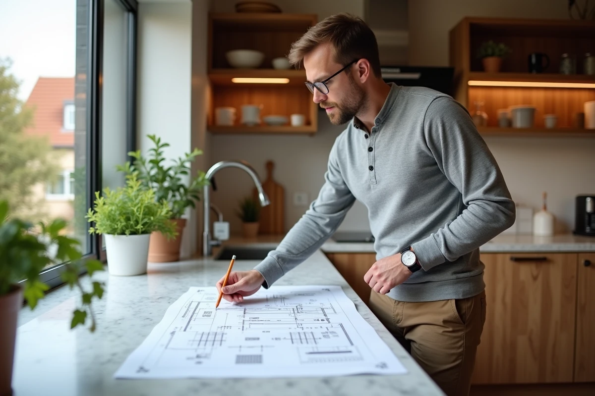 Propriétaire masculin étudiant des plans de rénovation écologique dans une cuisine moderne rénovée