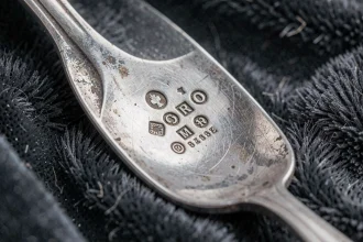 Gros plan sur les poinçons gravés au dos d'une cuillère en argent ancien posée sur du velours sombre