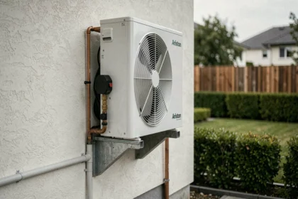 Pompe à chaleur Ariston installée sur la façade extérieure d'une maison individuelle avec tuyauterie en cuivre