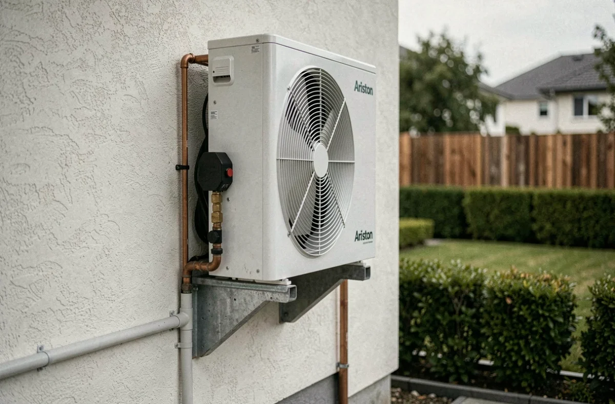 Pompe à chaleur Ariston installée sur la façade extérieure d'une maison individuelle avec tuyauterie en cuivre