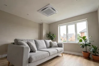 Pompe à chaleur gainable air-air installée au plafond d'un salon moderne au style scandinave avec parquet en chêne