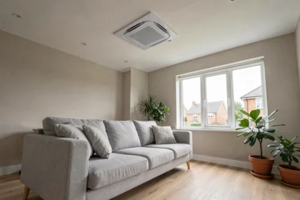Pompe à chaleur gainable air-air installée au plafond d'un salon moderne au style scandinave avec parquet en chêne