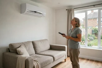 Femme devant une pompe à chaleur réversible murale dans un salon moderne