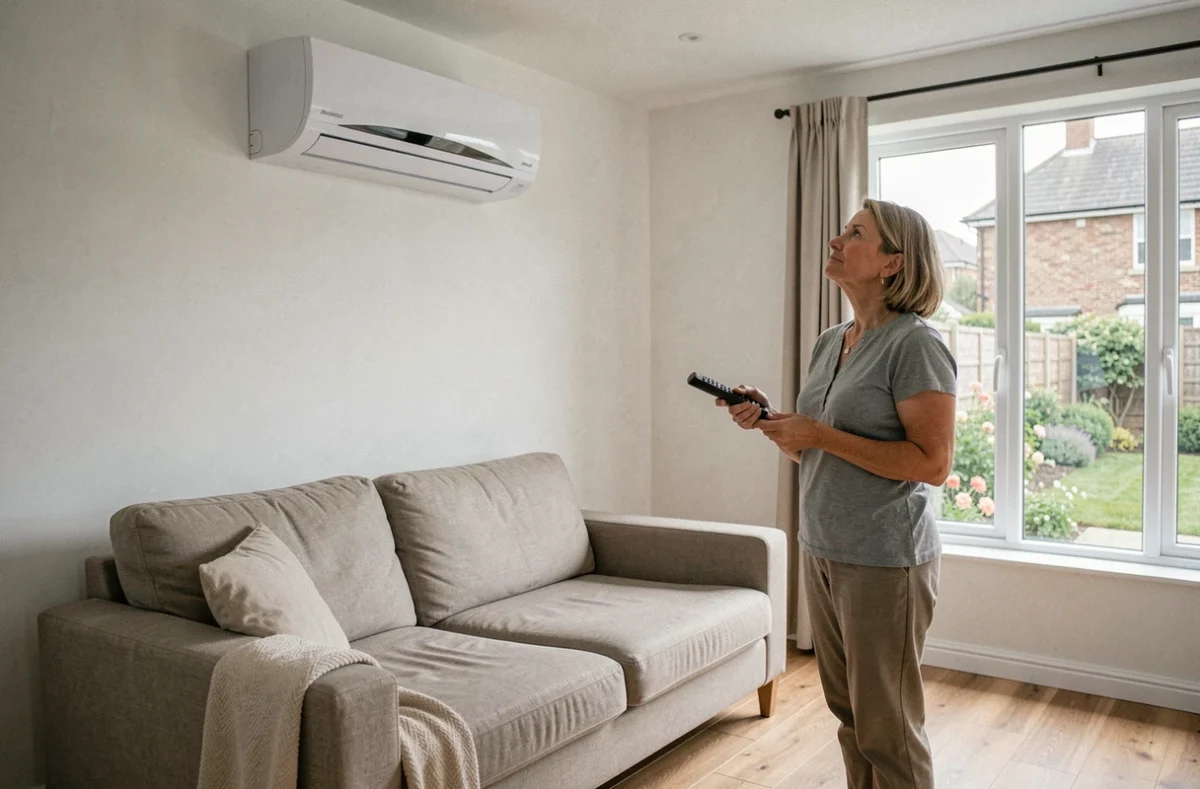 Femme devant une pompe à chaleur réversible murale dans un salon moderne