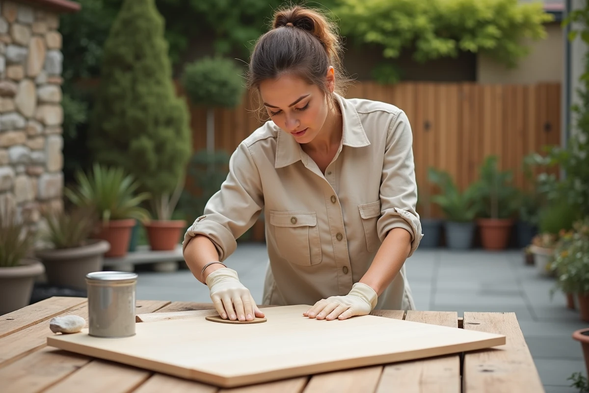 Femme ponçant un panneau bois traité au durcisseur maison sur une terrasse de jardin avant peinture ou vernis