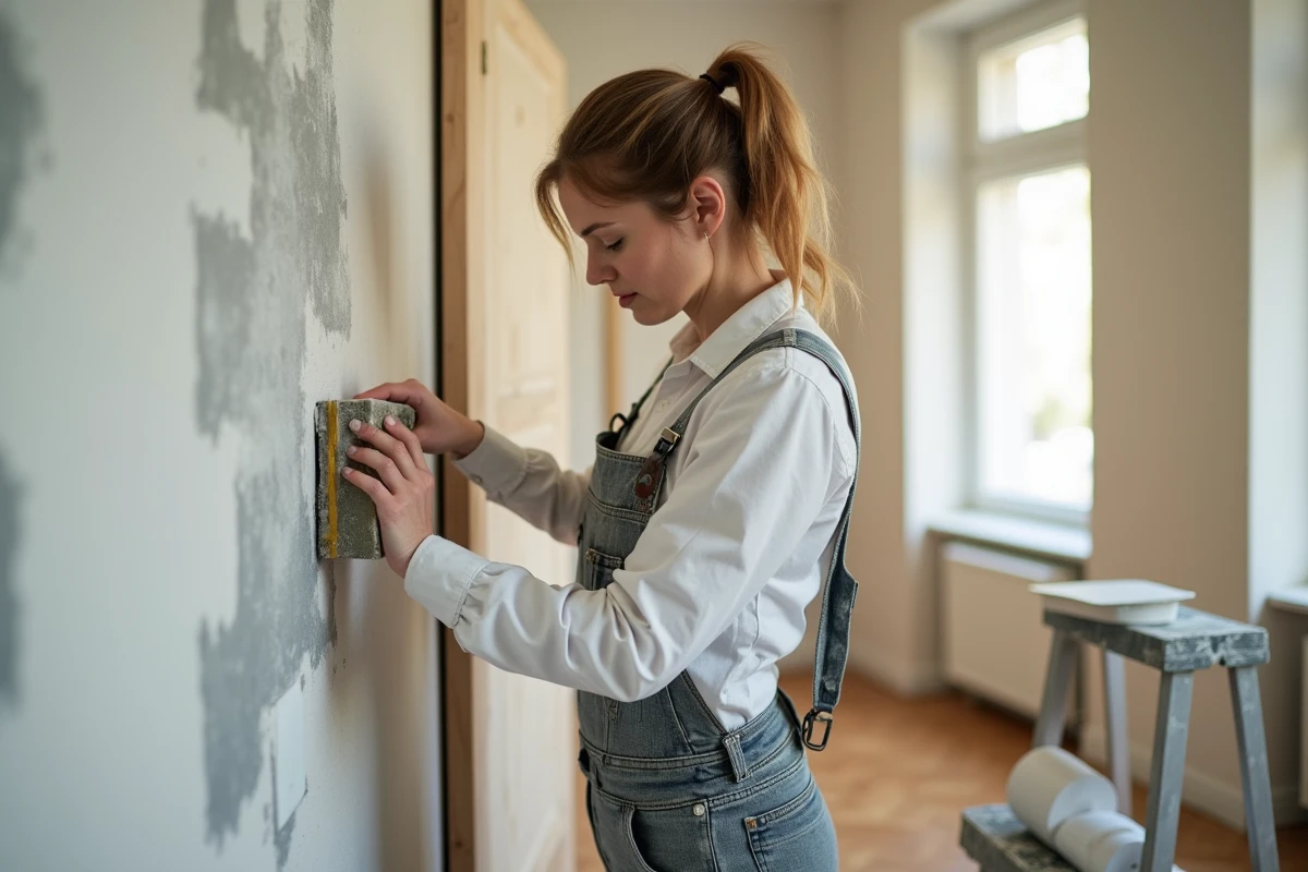 Femme ponçant une cornière en aluminium enduinte pour masquer les défauts sur un angle de mur en cours de rénovation