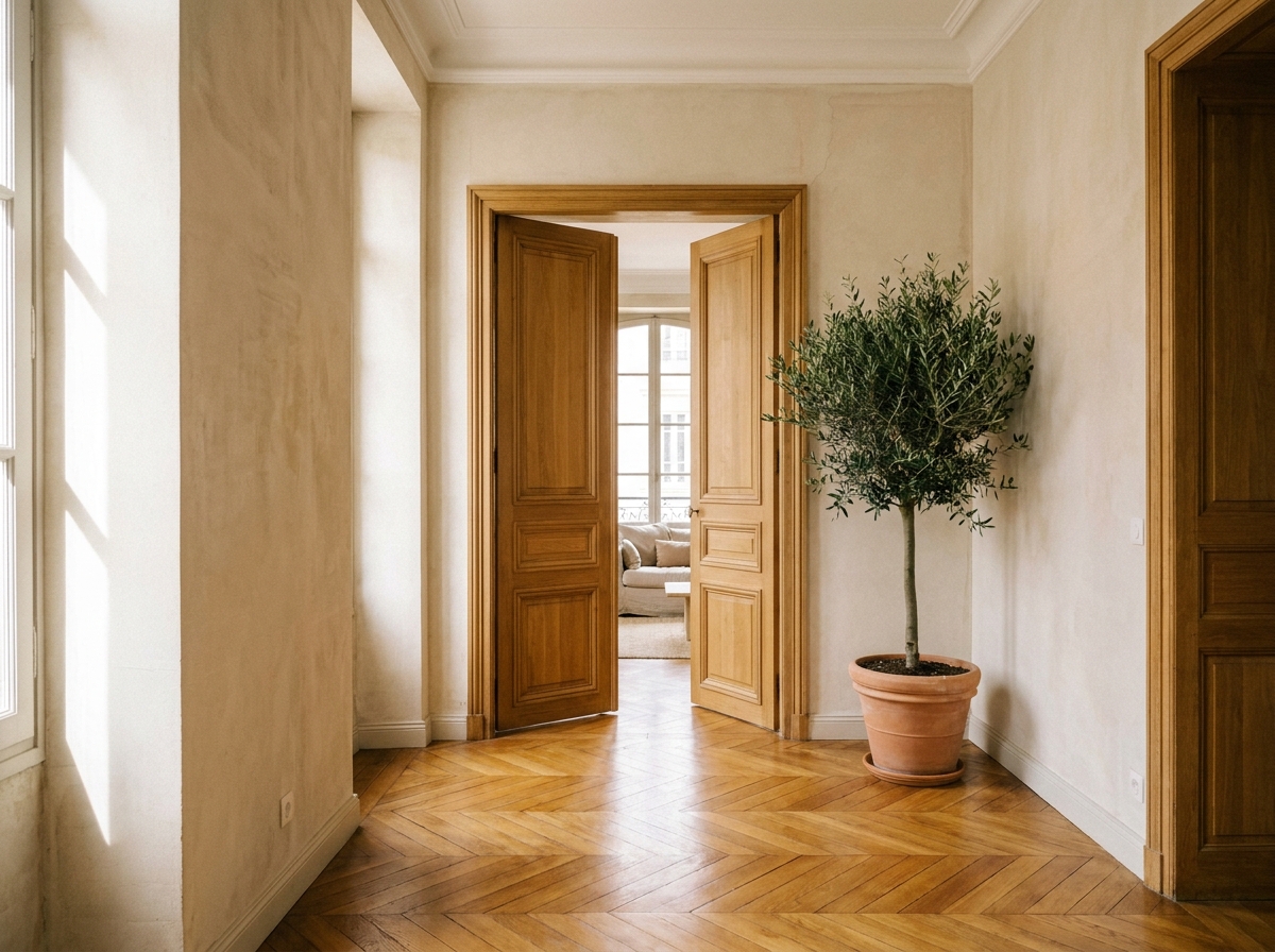 Portes intérieures en chêne massif fraîchement installées dans un appartement rénové à Lyon