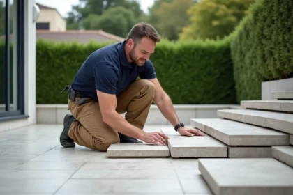 Homme posant des carreaux de porcelaine sur une terrasse extérieure
