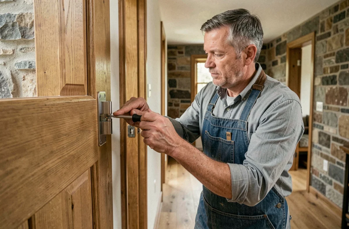 Artisan menuisier installant un gond en acier inoxydable sur une porte en chêne massif dans une maison rénovée