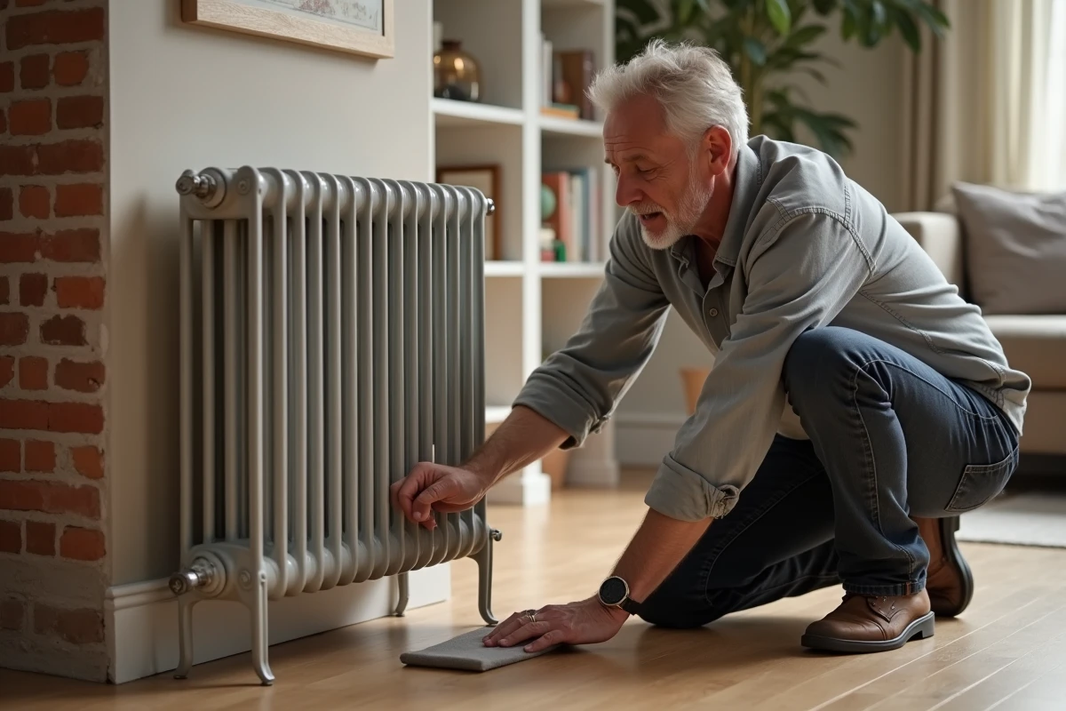 Homme posant un support protecteur sous un radiateur en fonte sur parquet stratifié
