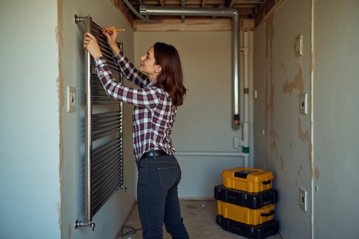 Femme ajuste radiateur électrique dans salle de bain en rénovation