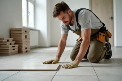 Poseur de carrelage en action avec joint visible