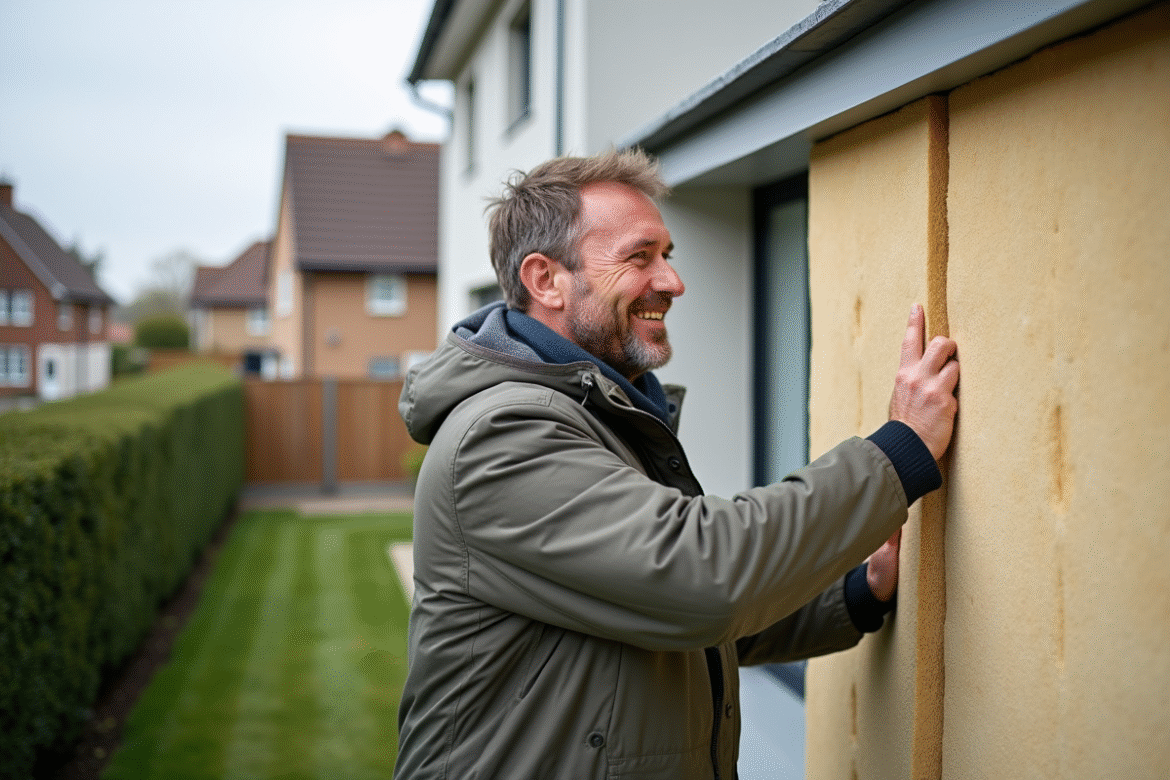 Ouvrier appliquant panneaux d'isolation sur façade