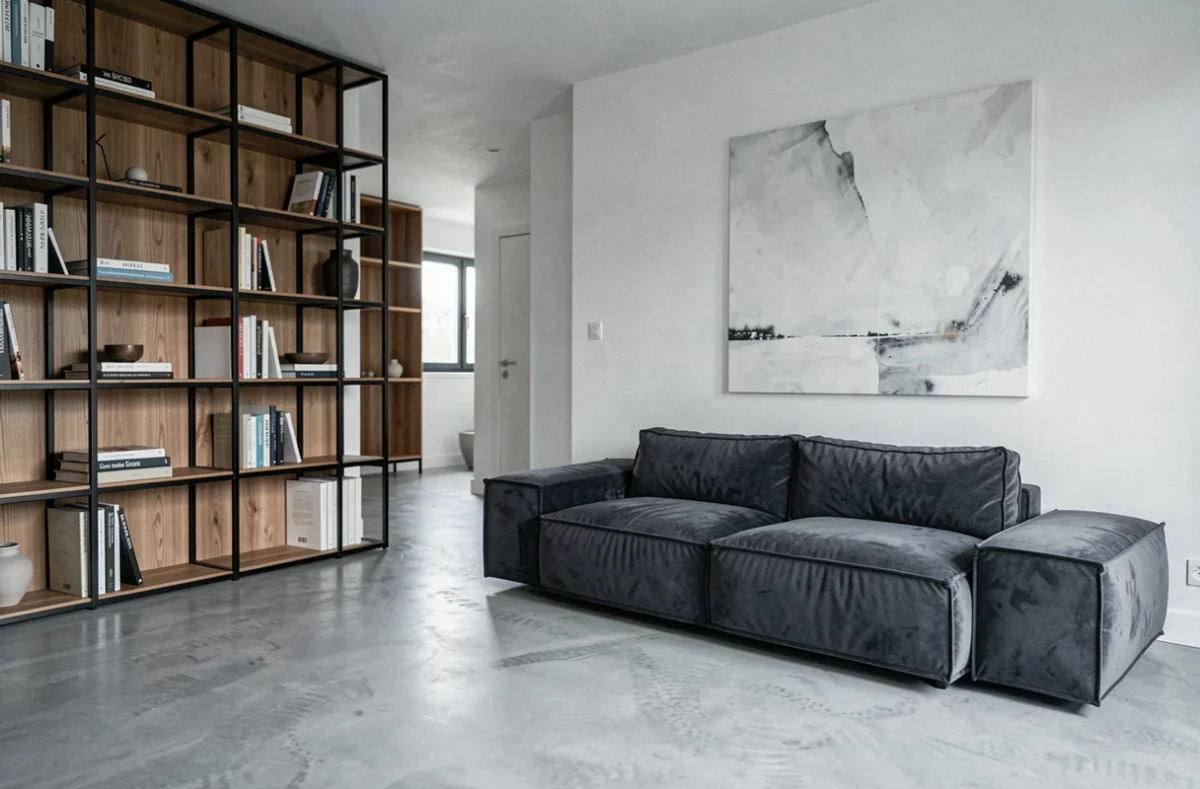 Appartement minimaliste à Saint-Étienne aménagé par Pownod avec sol en microciment et bibliothèque en acier