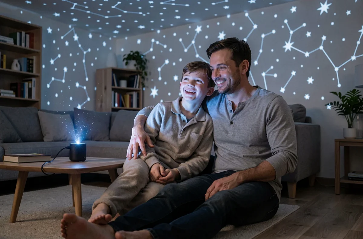 Père et fils utilisant un projecteur d'étoiles nomade portable dans un salon plongé dans la pénombre avec des constellations projetées sur les murs
